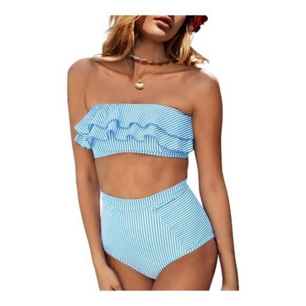 Women's Bandeau Ruffle Bikini Blue White Stripe Swimsuit Size Large NWT #7538